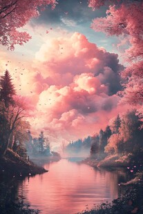 梦幻粉紫河畔森林美景