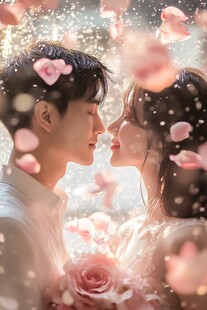 浪漫情侣在花瓣雨中深情对视