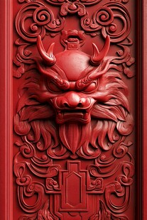 中式红木门上的威严兽头