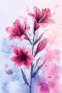 水彩绘就的娇艳粉色百合花