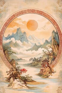 中式山水圆形国风装饰画