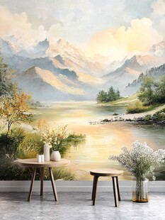 山水壁画前的简约室内景致
