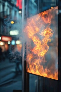 橱窗中熊熊燃烧的火焰画面