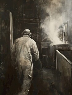 工人于烟雾弥漫车间劳作