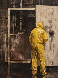 身穿防护服者面对工业设备