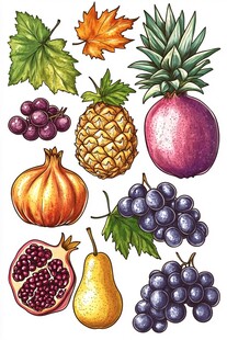 多彩手绘水果与秋叶集合