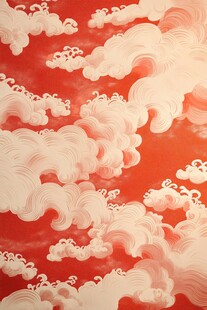 红色云海中式风插画背景