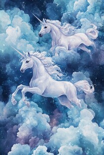 梦幻双独角兽翱翔云海