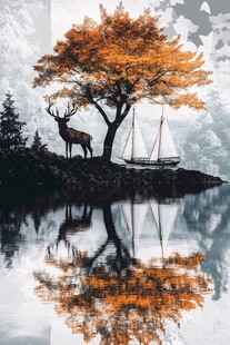 秋日湖畔鹿与帆船的景致