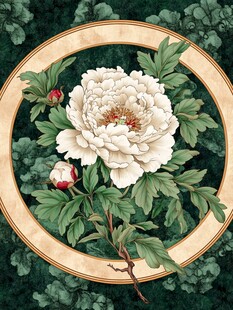 圆形框中绽放的优雅白牡丹