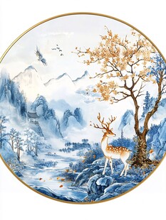 中式山水瑞鹿装饰瓷盘
