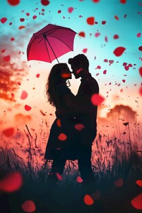 浪漫情侣在花海中共撑伞