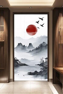 中式玄关山水红日飞鸟图