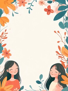 双生花女孩与烂漫花卉边框