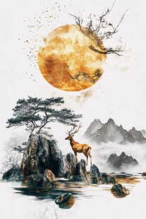 月夜鹿立松岩山水图