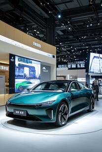 展台上的炫酷绿色电动轿车