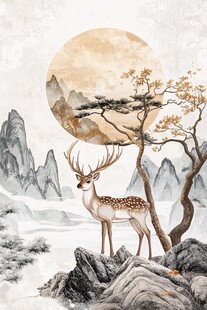 月夜仙鹿栖于山水间