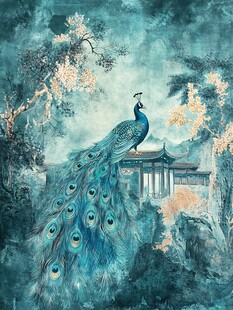 青蓝孔雀栖于中式景致中