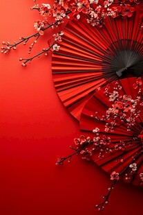 红扇红梅映喜庆氛围