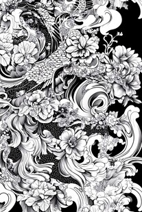 中式花鸟纹黑白图案设计