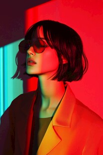 霓虹光影下的时尚短发女性