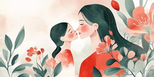 母女温馨亲吻 繁花相伴