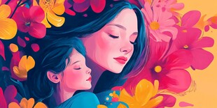 母女依偎于绚烂花海中