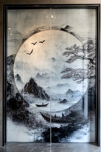 中式水墨山水玻璃装饰画