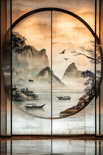 中式山水圆窗意境装饰画