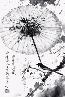 水墨油纸伞与栖枝小鸟