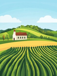 田园乡村风光中的白色小屋