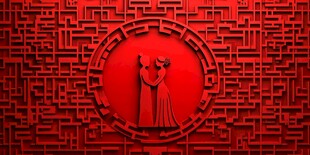 中式红背景下的浪漫情侣形象