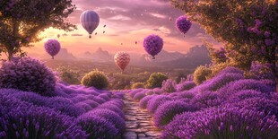 梦幻薰衣草田与空中热气球
