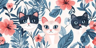 三只萌猫置身花卉绿植间