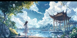 古风少女湖畔赏景图