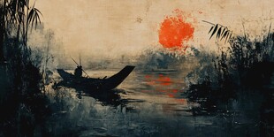 夕阳下的孤舟垂钓画面