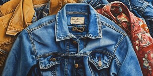 复古牛仔夹克与多彩衣物堆叠