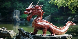 池塘边的精美红色龙雕像