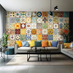 多彩瓷砖墙装点个性客厅