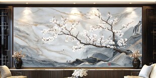 中式客厅玉兰花山水背景墙