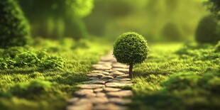 小径旁的绿意球形小树