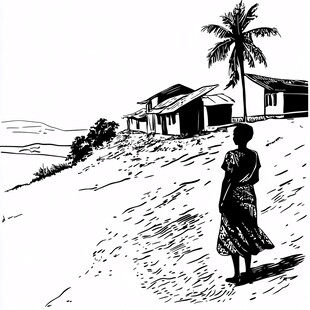 女孩眺望乡村小屋与椰树