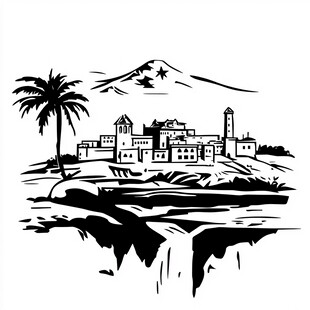 黑白风沙漠边的城堡景观