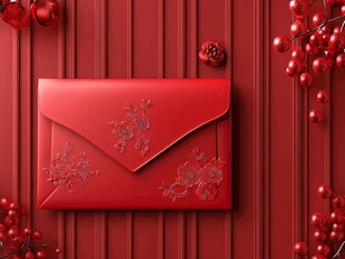 红色喜庆花纹信封与浆果