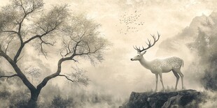 雾中灵鹿栖于山林之畔