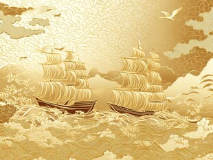 金色双帆船于云海间航行