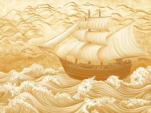 金色帆船在波涛云海中航行