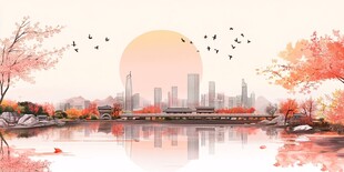 秋日湖畔城市诗意美景