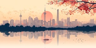 夕阳下的都市湖畔樱花景