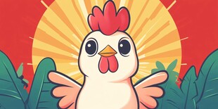 可爱小鸡在绿植红日间